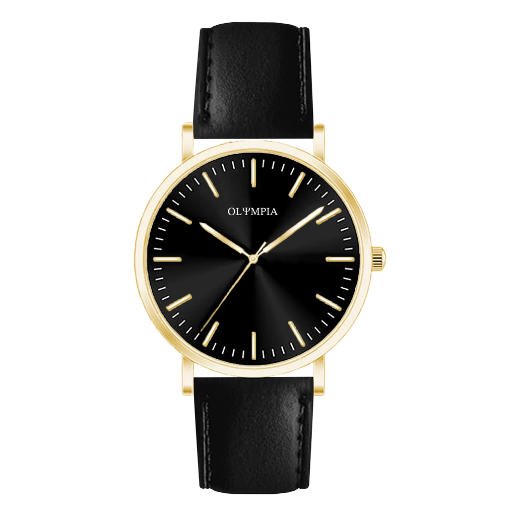 A watch with a sunray black dial, gold toned steel baton indices, gold toned steel hands, and the OLYMPIA logo. The dial is inside a gold toned steel case with a domed bezel and thin lugs. It is connected with a black genuine leather strap.