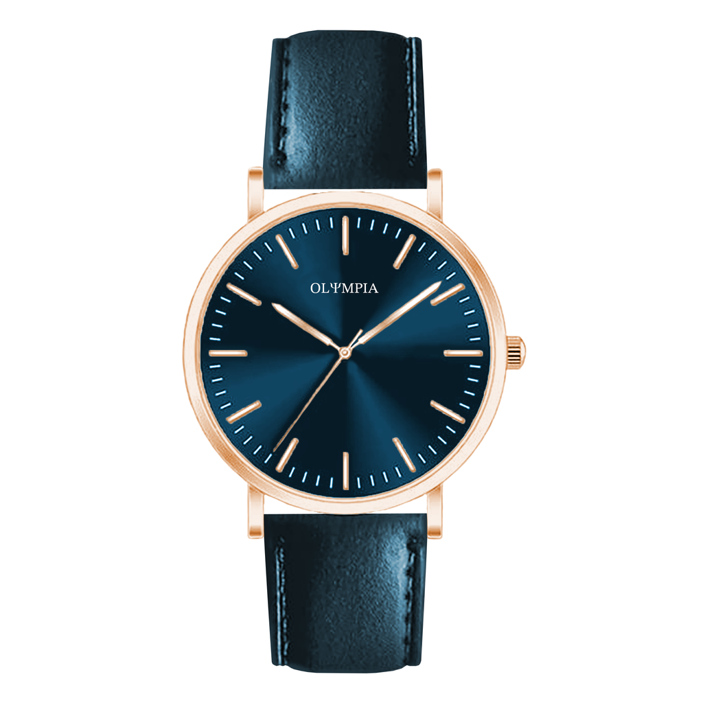 A watch with a sunray midnight blue dial, rose gold toned steel baton indices, rose gold toned steel hands, and the OLYMPIA logo. The dial is inside a rose gold toned steel case with a domed bezel and think lugs. It is connected with a midnight blue genuine leather strap.