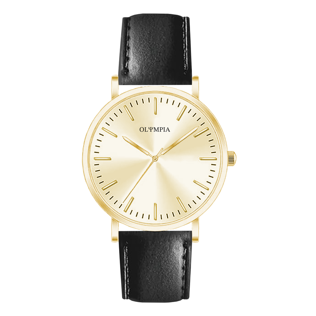 A watch with a sunray gold champagne dial, gold toned steel baton indices, gold toned steel hands, and the OLYMPIA logo. The dial is inside a gold toned steel case with a domed bezel and thin lugs. It is connected with a black genuine leather strap.