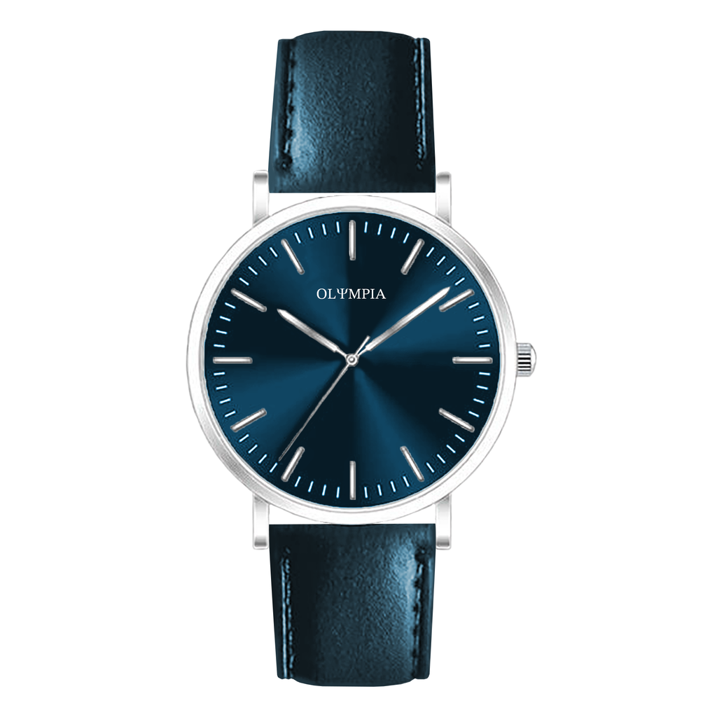 A watch with a sunray midnight blue dial, steel baton indices, steel hands, and the OLYMPIA logo. The dial is inside a steel case with a domed bezel and thin lugs. It is connected with a midnight blue genuine leather strap.